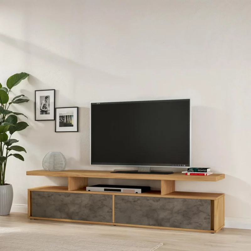 SOLAVE Gold Oak & Cement Finish TV Stand