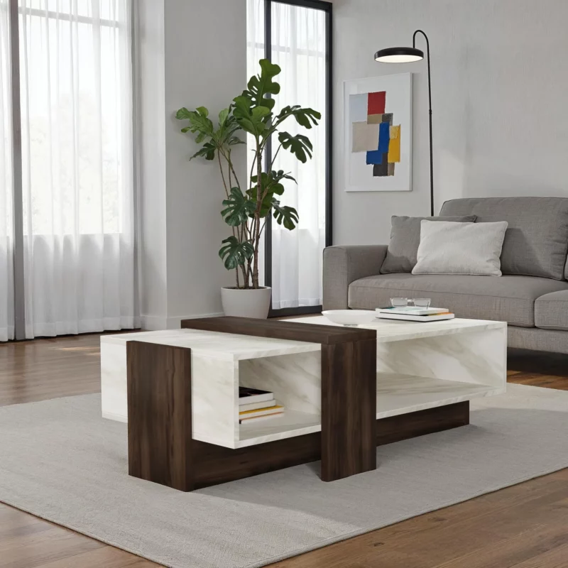 ADK142-K537K023 LILIANA Walnut White Marble Coffee Table