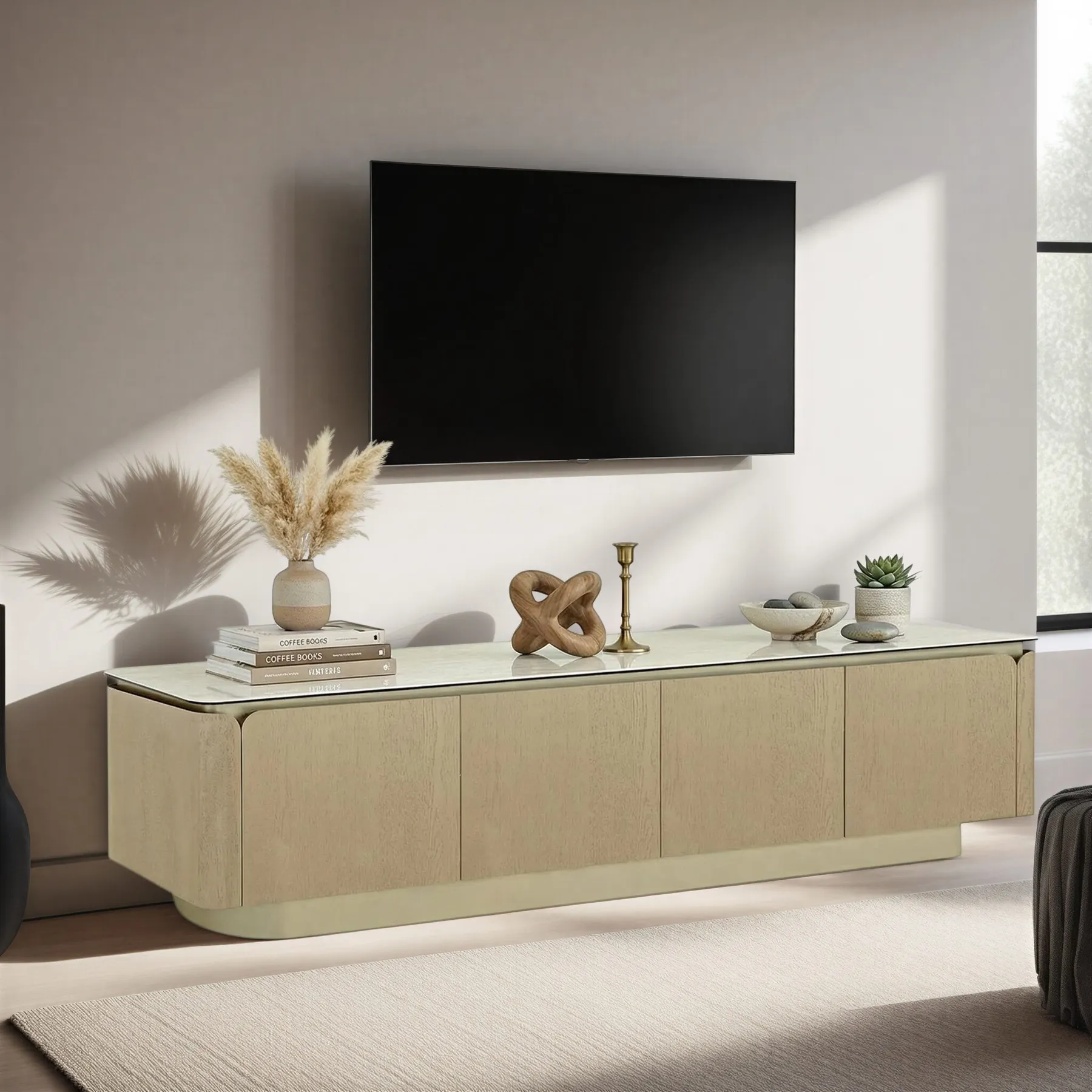 ZIMMER Travertine-Top TV Stand with Gold & Taupe Oak Finish