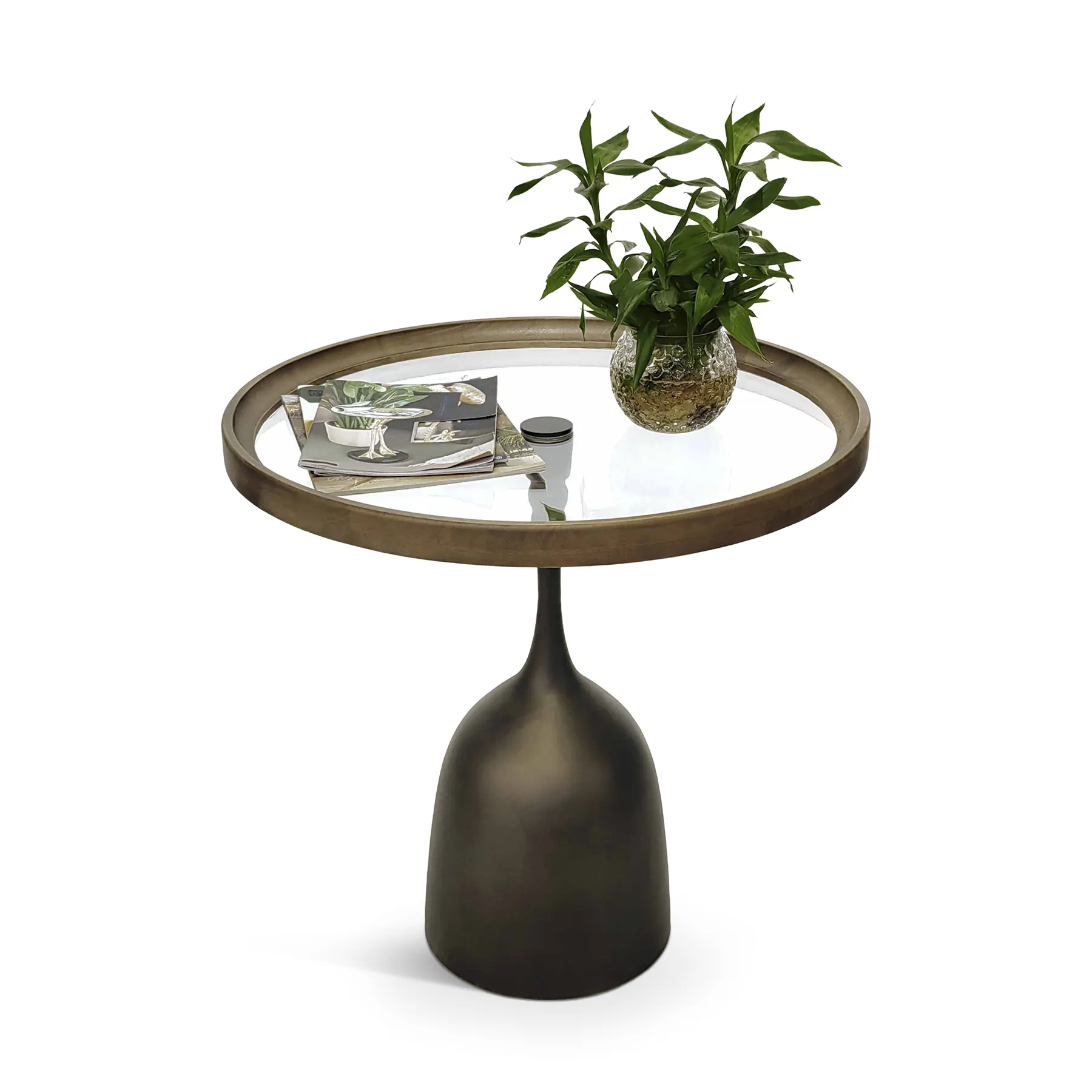 SIDE TABLE BROWN IRON+GLASS+WD