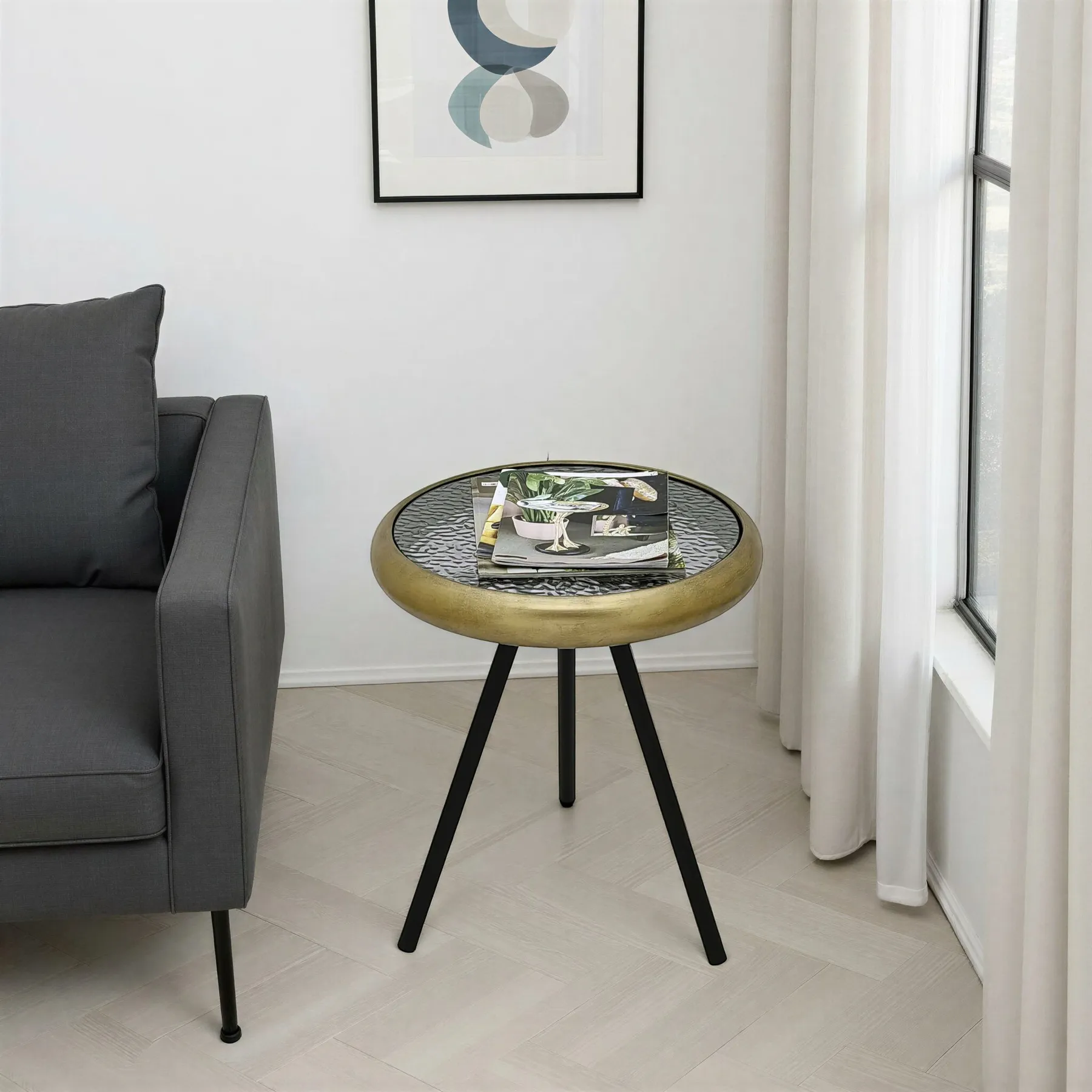 SIDE TABLE GOLD+BLK IRON+GLASS