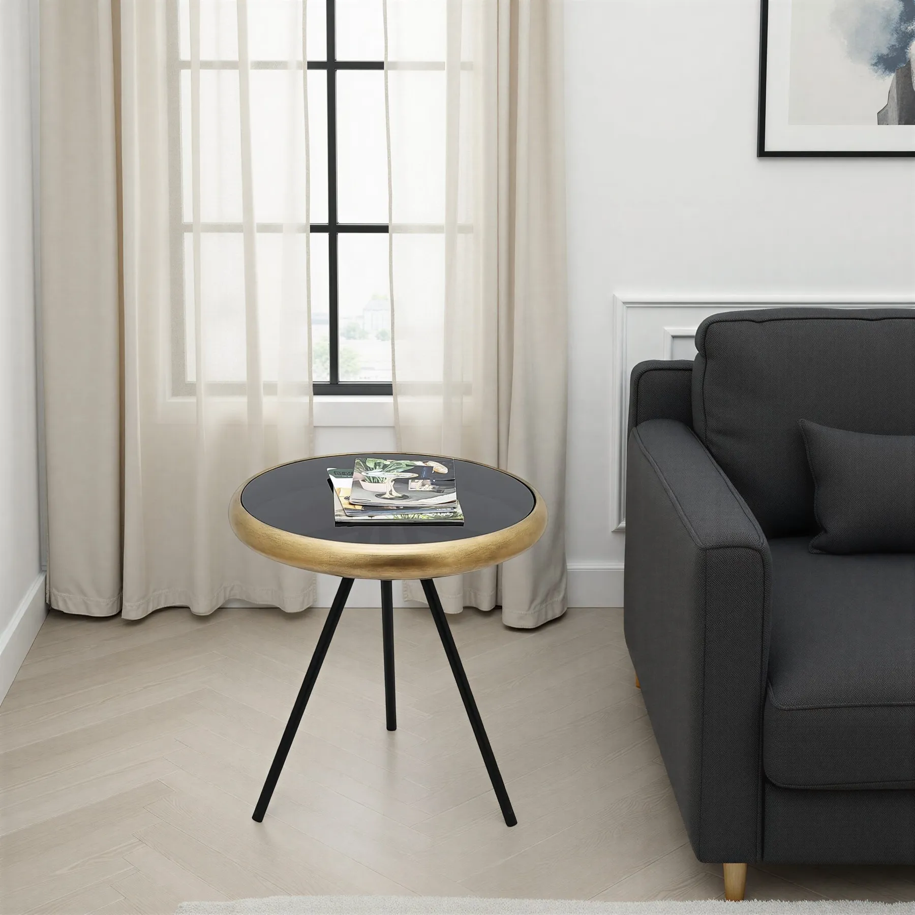 SIDE TABLE GOLD+BLK IRON+GLASS