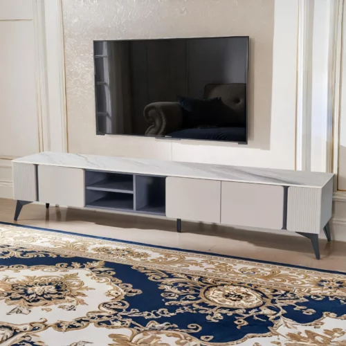 SIPPIN TV Stand White Marble, Cashmere & Grey