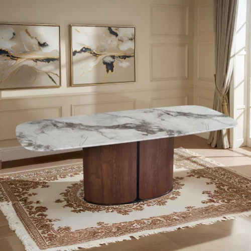 YUMMBER Dining Table White Marble & Walnut